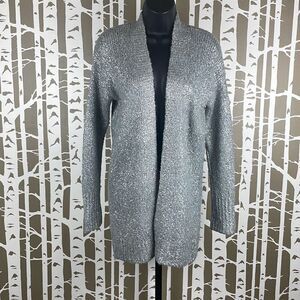 Silver Metallic Painted Wool Blend Longline Open Front Cardigan Sweater S